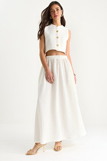 Bianco Lucci Women's Crop Vest Elastic Waist Pocket Detailed Long Skirt Bottom-Top Seersucker Suit 4006 60283371