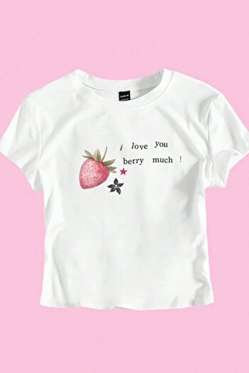 EFBUTİK Λευκό I Love You Berry Much Crop