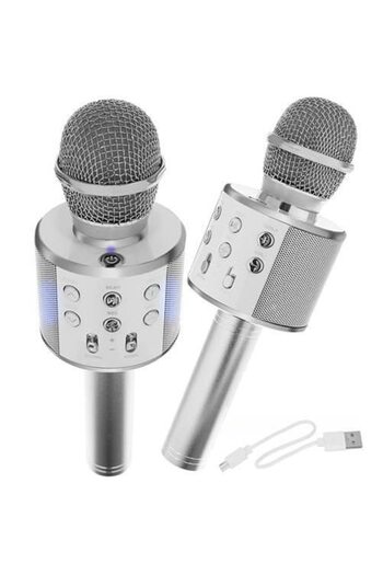 MACVI Macvi® Bluetooth Karaoke Microphone with Built-in Speaker, Silver
