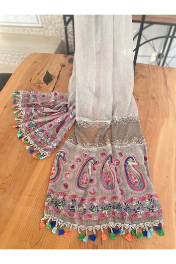 Bohemian Women's Imported Organic Cotton Embroidered Tassel Lace Detailed Voile Shawl 1608087