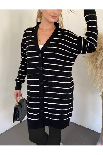 HİJABAYA Long Knitted Cardigan with Ribbed Buttons