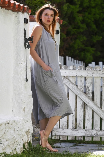 Chiccy Gray Pool Collar Sleeveless Pocket Casual Muslin Loose Woven Dress 125 60