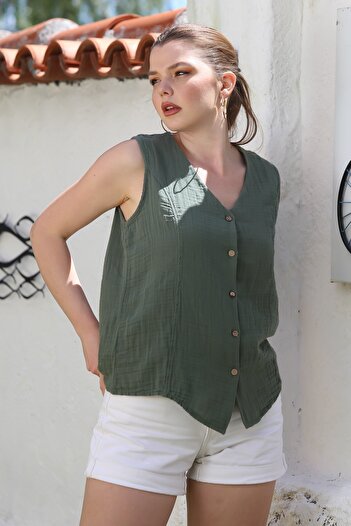 Chiccy Dark Green V-Neck Sleeveless Button Casual Muslin Woven Blouse 70 60