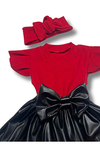 özge başaran Girl's Leather Skirted Bow 3-Piece Set - Ruffled Sleeveless Bodysuit, Heart Socks, Bandana