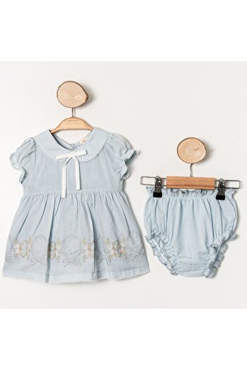 Moonstar Mavi Vintage Pamuklu Bebe Yaka Elbise