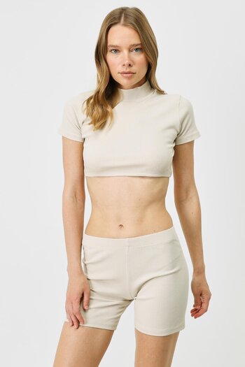 C&City Beige Women's Crop Blouse - Short Sleeve, Stand Collar 922