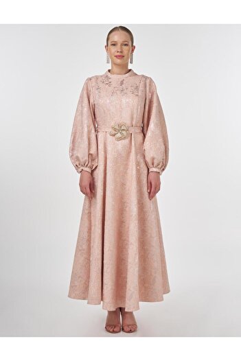 Kayra Balloon Sleeve Jacquard Stylish Dress Powder