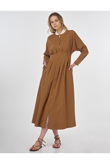 Kayra Embroidered Pencil Dress Beige