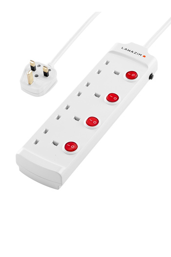 Lawazim 4-Way Heavy-Duty Extension Cord - 2990W with 5M Cable, 13A Fused Plug, and On/Off Switches