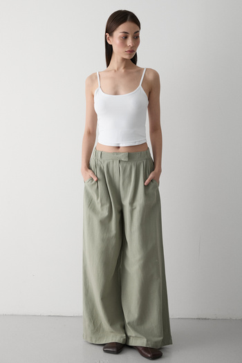 Laluvia Khaki 100% Cotton Side Buttoned Wide Leg Trousers - 3508