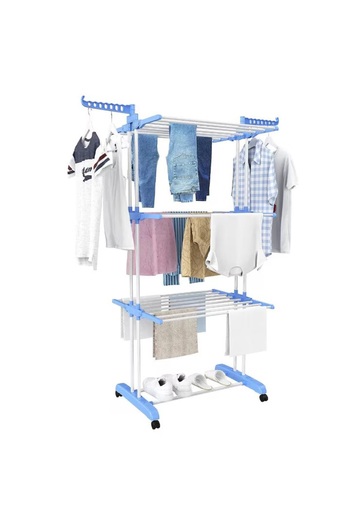 MACVI Uscator vertical pentru rufe Macvi®, cu 3 nivele de uscare, mobil, pliabil, suport umerase, albastru