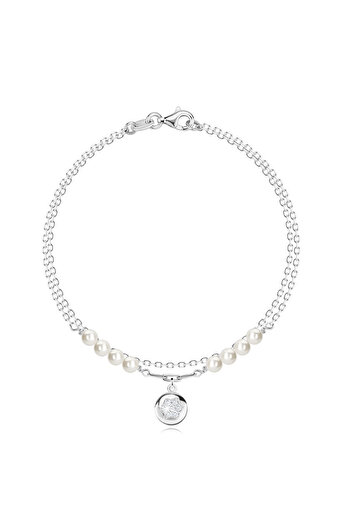 Sterling Silver Brățară dublă din argint 925 - perle sintetice albe, disc, stea de zircon