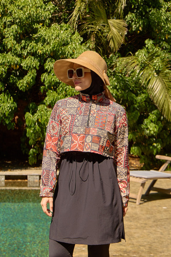 Starinci Mayo Black Inca Patterns with Hijab Swimsuit Cover
