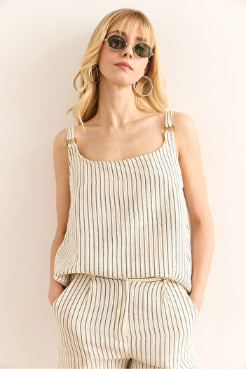 Olalook Women's Khaki Ring Accessory Striped Muslin Bell Blouse Blz-19002958
