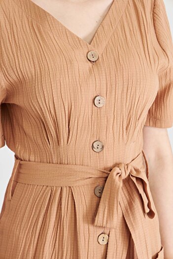 armonika Women's Mink Buttoned Belted Collar Detailed V-Neck Dress Arm-25Y001058