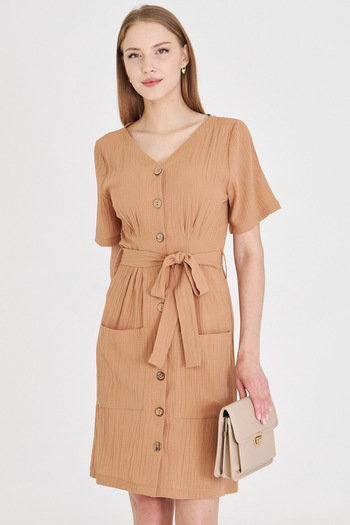 armonika Women's Mink Buttoned Belted Collar Detailed V-Neck Dress Arm-25Y001058