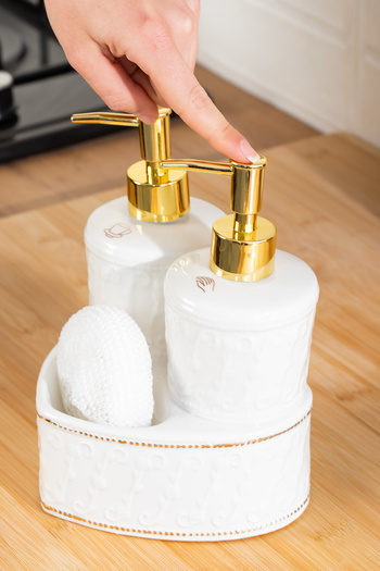 Porsima 3117 Gold Covered Porcelain 2-Piece Liquid Soap Dispenser with Sponge – White 350+350 ml