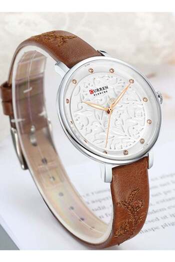 Curren 9046 Women’s Classy Dress Wristwatch White Dial Brown Leather Strap Watch