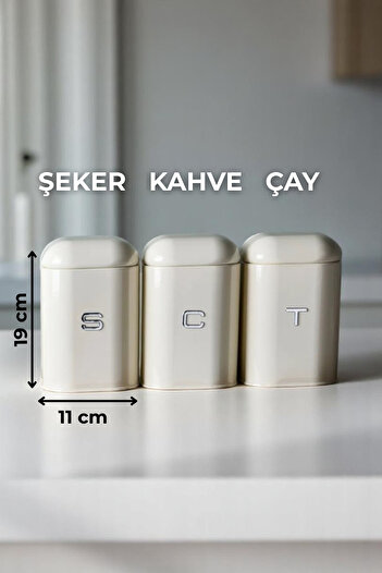 Sevinse Home Cream Metal Ekmek Kutusu ve Üçlü Çay Kahve Şeker Saklama Kabı