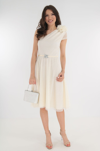 Vanessa Line RO Ivory tulle occasion dress with polka dots and maxi flower on the shoulder