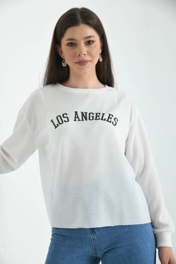 MOVİMENT Ecru Los Angeles Printed Loose Waffle Knitted Sweatshirt
