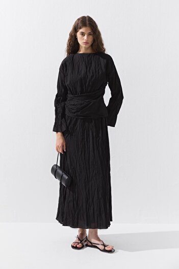 Hooopstore Wrinkled Look Cotton Voile Black Dress