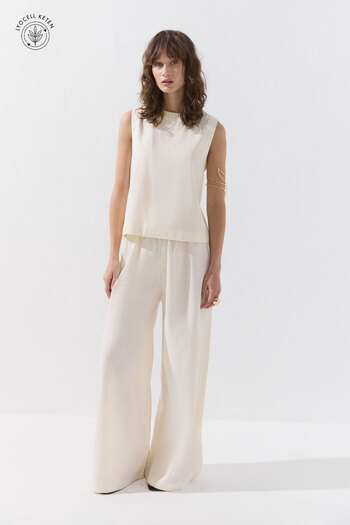 Hooopstore Lyocell Linen Flowy Elastic Ecru Trousers