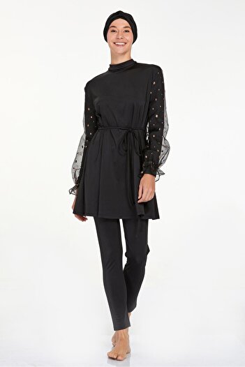 Adasea 4557 Black Lycra Chiffon Sleeve Detailed Full Covered Hijab Swimsuit Set