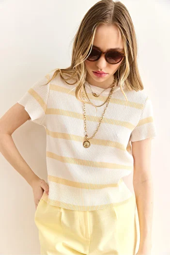 Olalook Women's Ecru Yellow Crew Neck Striped Pleated Blouse Blz-19002893