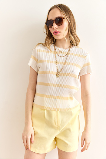 Olalook Women's Ecru Yellow Crew Neck Striped Pleated Blouse Blz-19002893