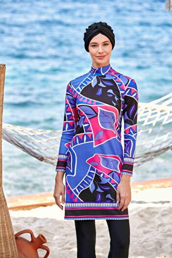 Adasea 4504 Black Leaf Patterned Full Covered Hijab Swimsuit