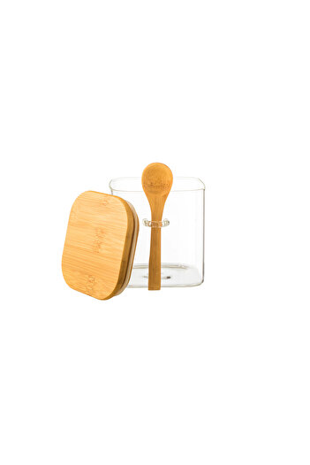 Dania Clear glass jar with wooden lid, wooden spoon and airtight seal, size 10.5*10 cm