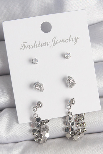 SeyCey.co Brass Silver Color Zircon Stone Sequin Dangle Model 3 Pairs Women's Earring Set