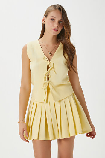 Ritnice Women's Zera Linen Cotton Yellow Vest Waist Elastic Skirt Bottom Top Set