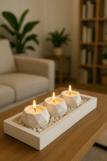 aymumi home Tabaklı Beton Mumluk Ve Tealight Mumluk Hediyelik Dekorasyon Seti.(TEALİGHT MUM.DAHİL DEĞİLDİR)