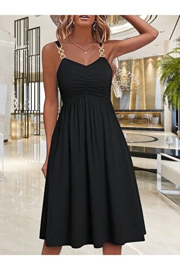 BÜŞRA TEZEL MODA Eyesof Women's Short Viscose Dress with Rope Strap V-Neck