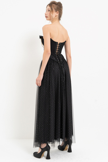 Kikiriki Black-Silver Pearl Detailed Bustier & Long Tulle Skirt Set