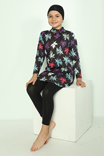 bazaar-turkey all you need Girl's Tights Long Sleeve Leaf Patterned Hijab Swimsuit 1900-15