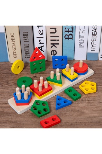 Picodino Puzzle Montessori din lemn, 4 culori, 5 forme geometrice, 20 de piese, pentru baieti si fete