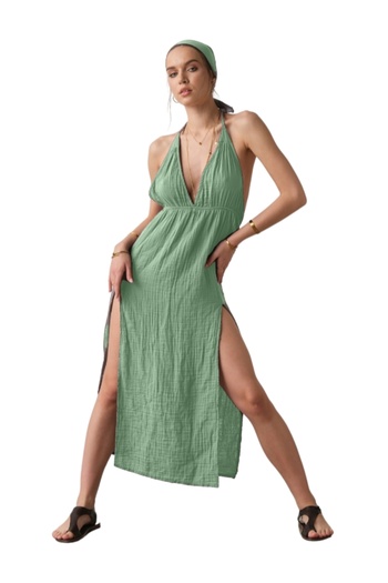 clavia Strappy Muslin Dress, Summer Bohemian Dress, Halter Neck Mesh Detail Slit Dress Mint Green