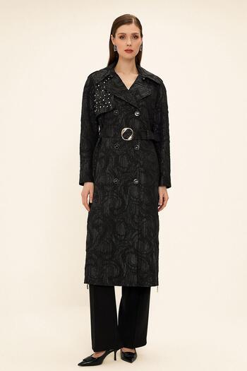 Olcay Zippered Cape with Stone Detail on the Sides Lined Glitter Jacquard Trench Coat Black 6725