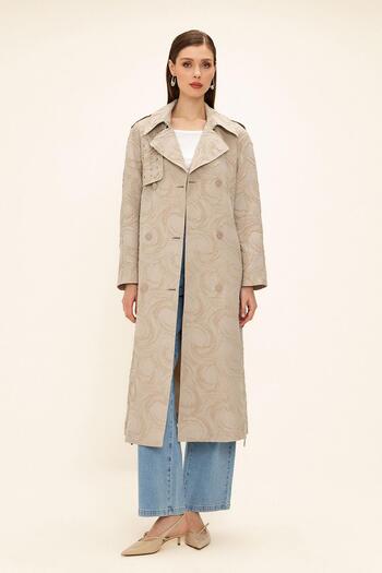 Olcay Zippered Cape with Stone Detail on Sides Lined Glitter Jacquard Trench Coat Stone 6725
