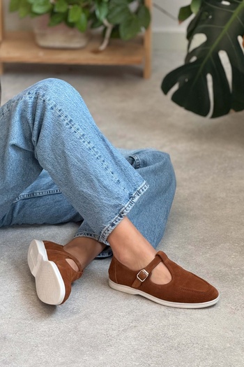 NİŞANTAŞI SHOES Liva Taba з натуральної замшевої шкіри з плоскою підошвою з аркою деталь повсякденні жіночі туфлі
