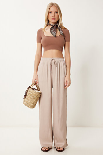 Lovelyİstanbul Satin Surface Draped Palazzo Trousers Beige Lcr0076