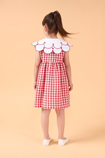 Banamio Livia Baby Girl Gingham Pattern Collar Embroidery Detailed Lined Dress