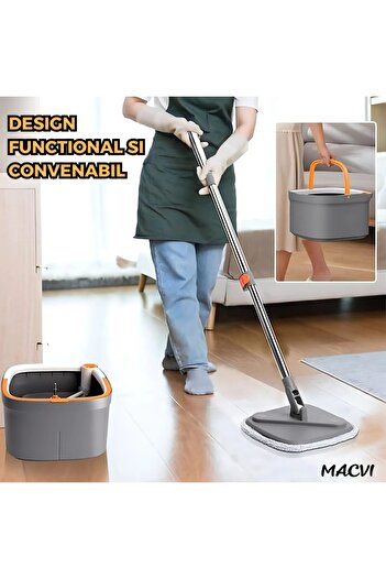 MACVI Macvi® Rotary Mop with Bucket, 2 Microfiber Cloths, 360° Rotation, Automatic Wringing, Dark Gray