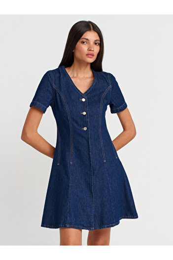 Dilvin 90558 rochie din denim cu mânecă scurtă cu decolteu în V-albastru