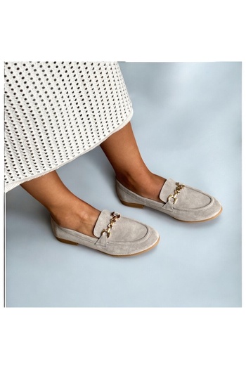 NE&VE SHOES Gray Suede Genuine Leather Women's Loafer Shoes with Chain
