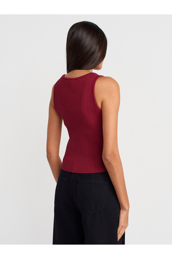 Dilvin 10759 Corded Openwork Knitwear Blouse-Light Claret Red
