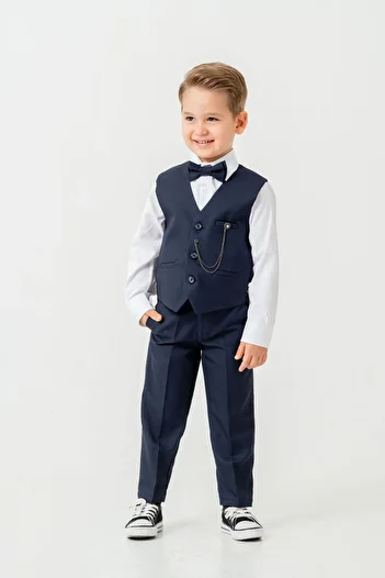 Pina Kids Boys Slim Fit Suit with Vest – 4 Pieces (Vest, Pants, Shirts, Bow Tie)